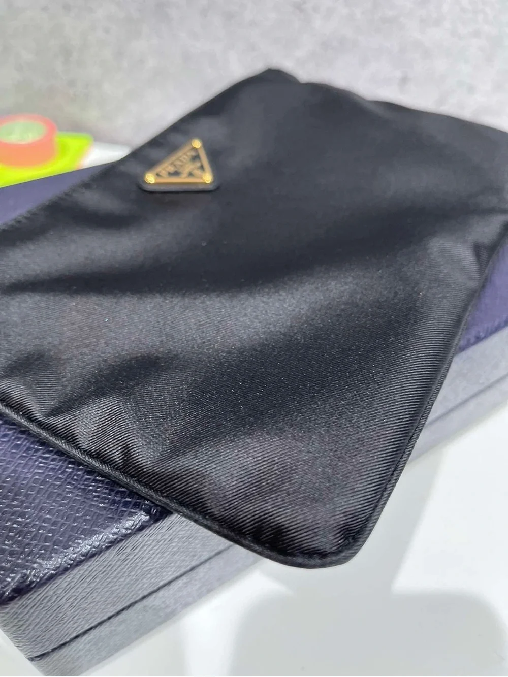 Prada Black Nylon Zip Pouch with Gold Triangle Logo Plate